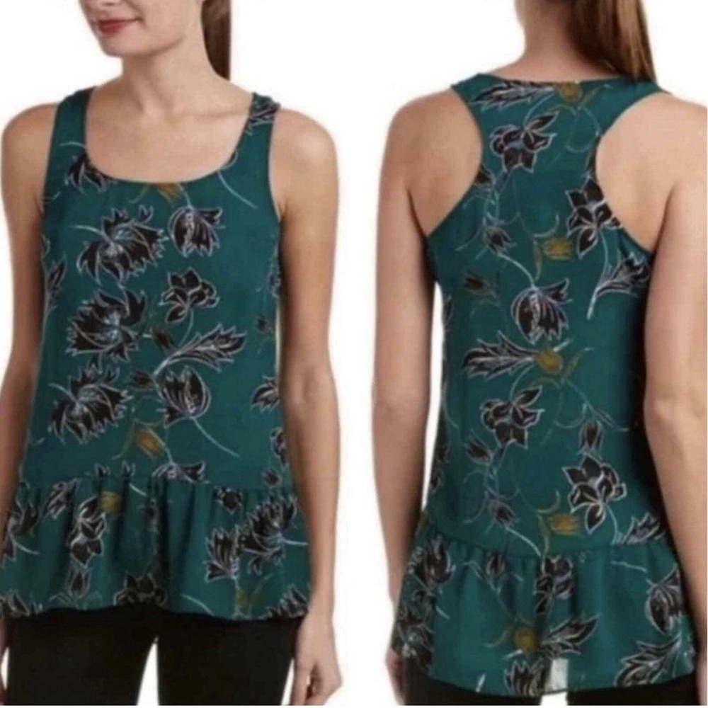 Cabi‎ Zoe Top Emerald Green Floral Long Ruffle Tank Blouse Tunic Medium 3276